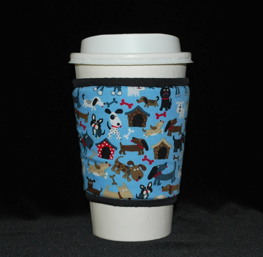 Cup Cozee - Cute Dogs, Doghouses & Bones On Medium Blue