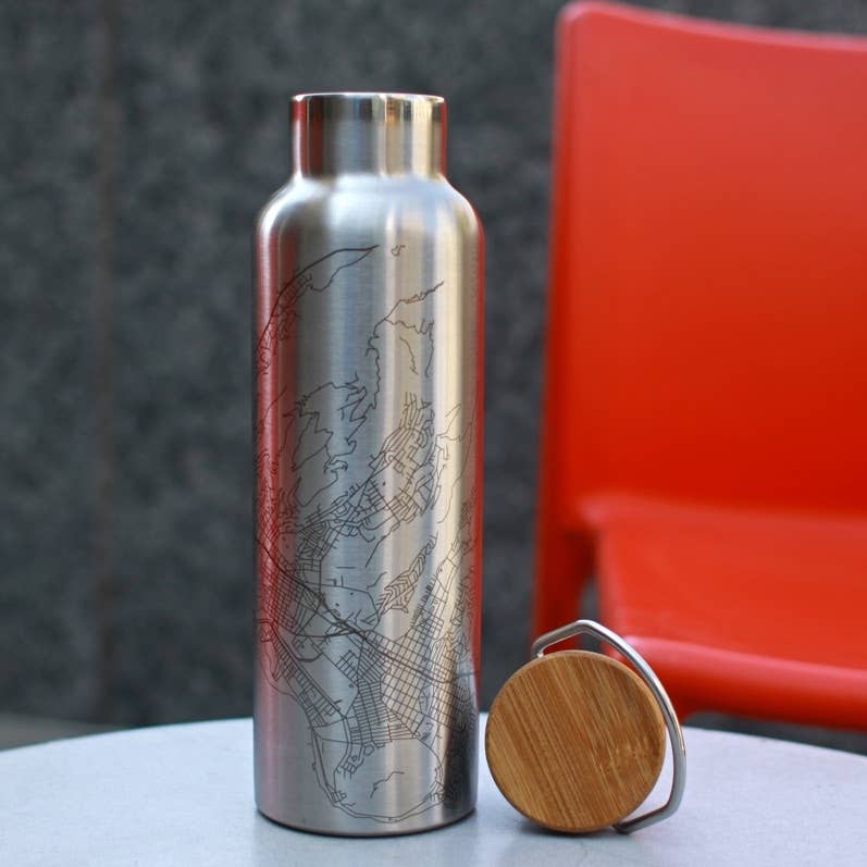 Wenatchee WA Map Bottle with Bamboo Top in Stainless Steel