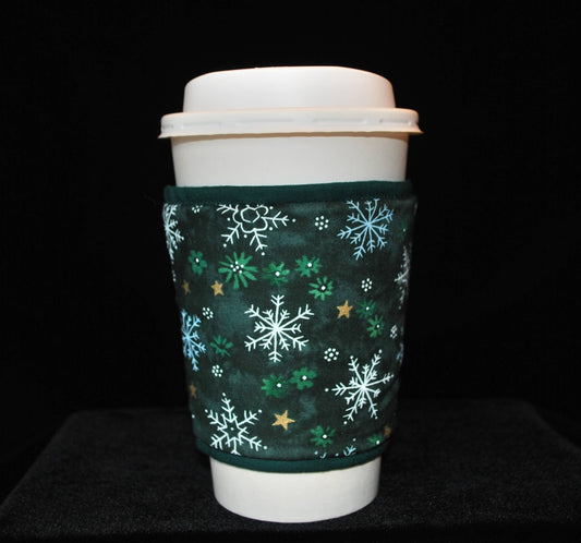 Cup Cozee - Lacey White Snowflakes & Gold Stars On Green