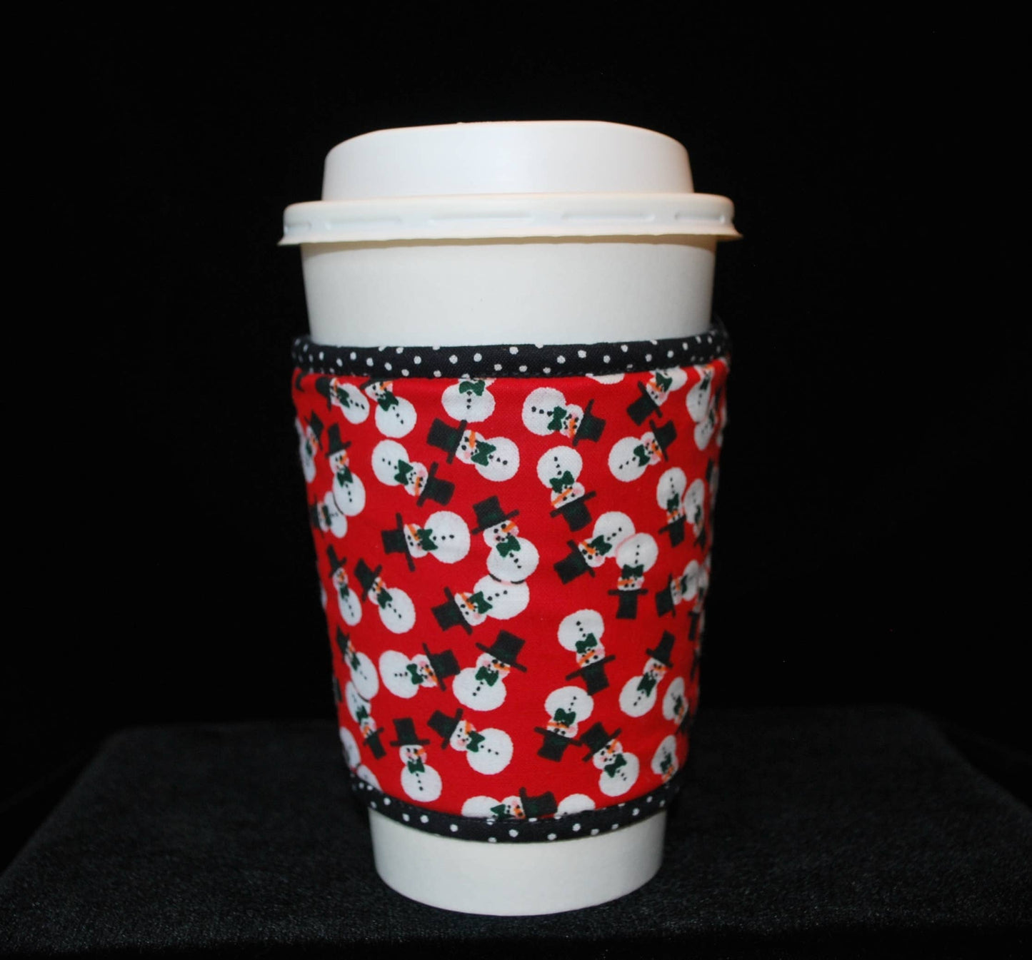 Cup Cozee - Tiny Snowmen With Black Bow Ties On Red