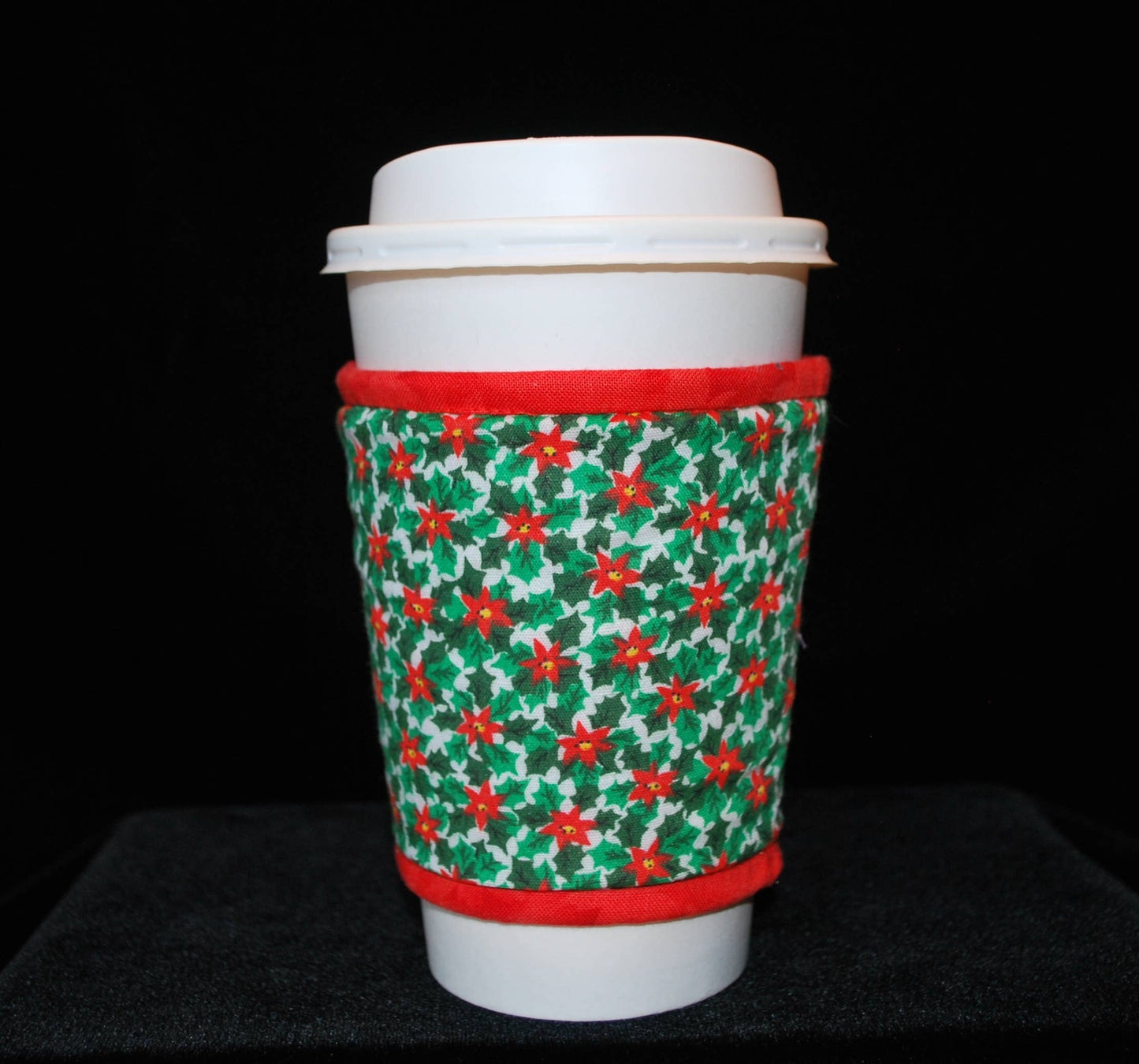 Cup Cozee - Tiny Poinsettias & Holly Leaves On White