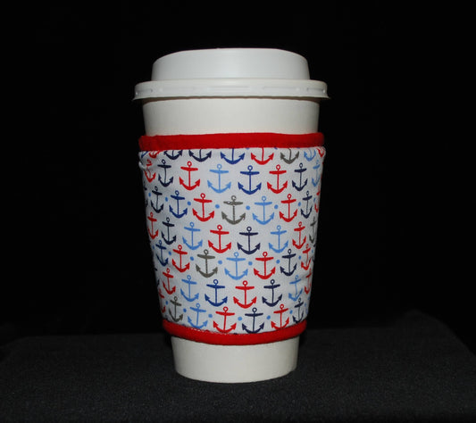 Cup Cozee - Red, Blue & Silver Anchors On White